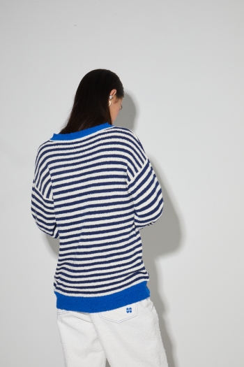 Maille Marinère Cleo blue en fil de coton éponge, fabriquée en Italie