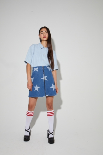 Mini-Jupe Stella, esprit denim imprimé étoile blue fabriqué en Italie