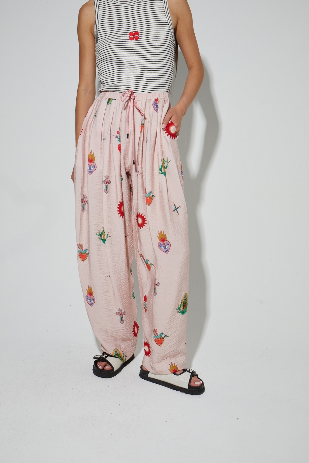 Alma-broek met Madone-print, gemaakt in Itali