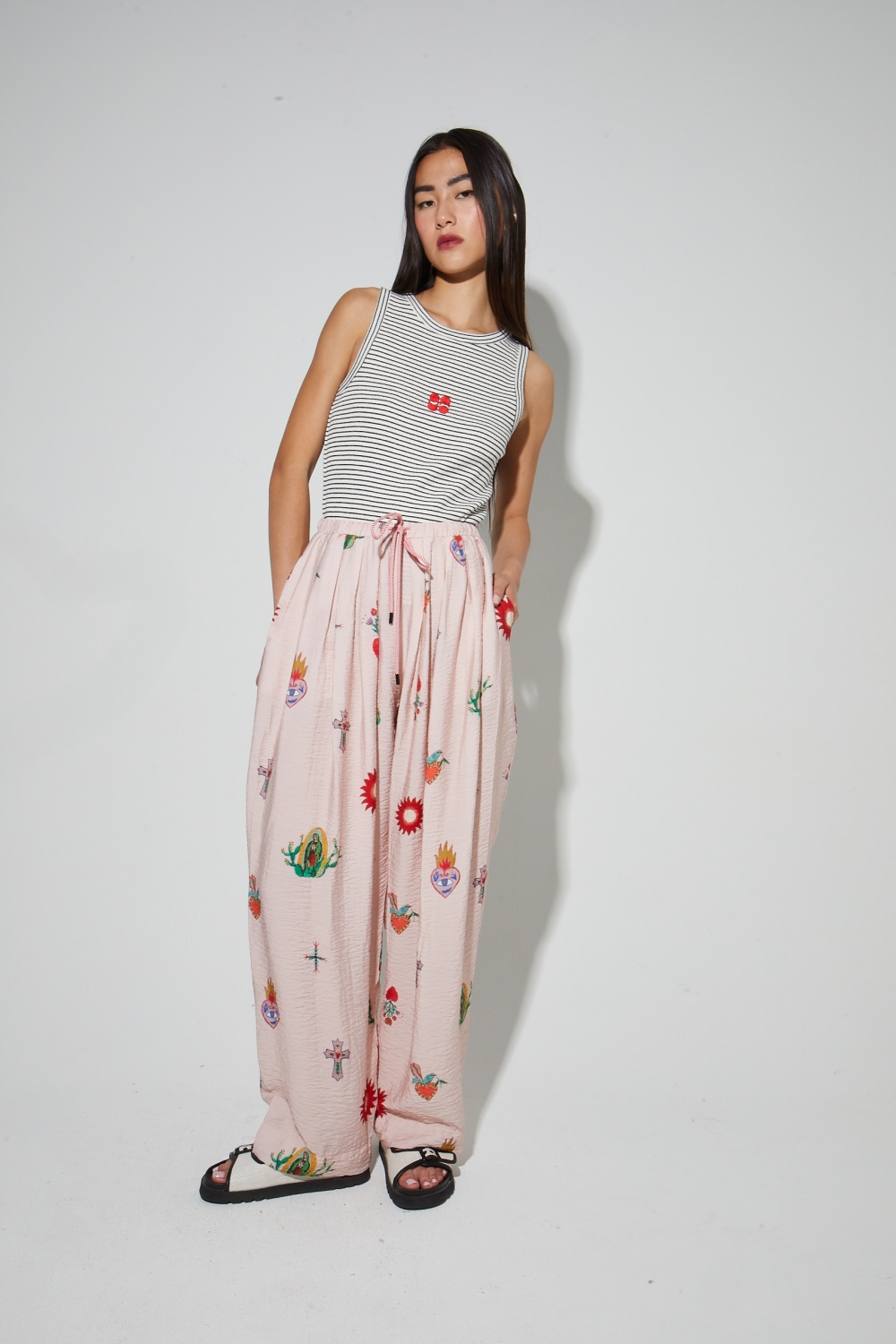 Alma-broek met Madone-print, gemaakt in Itali