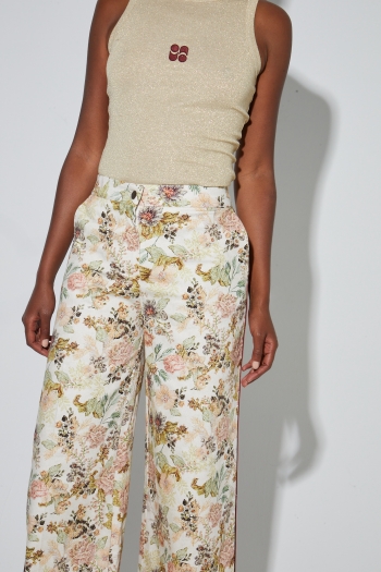 Pantalon Charlie, Toile esprit denim vintage flower fabriqué en Italie