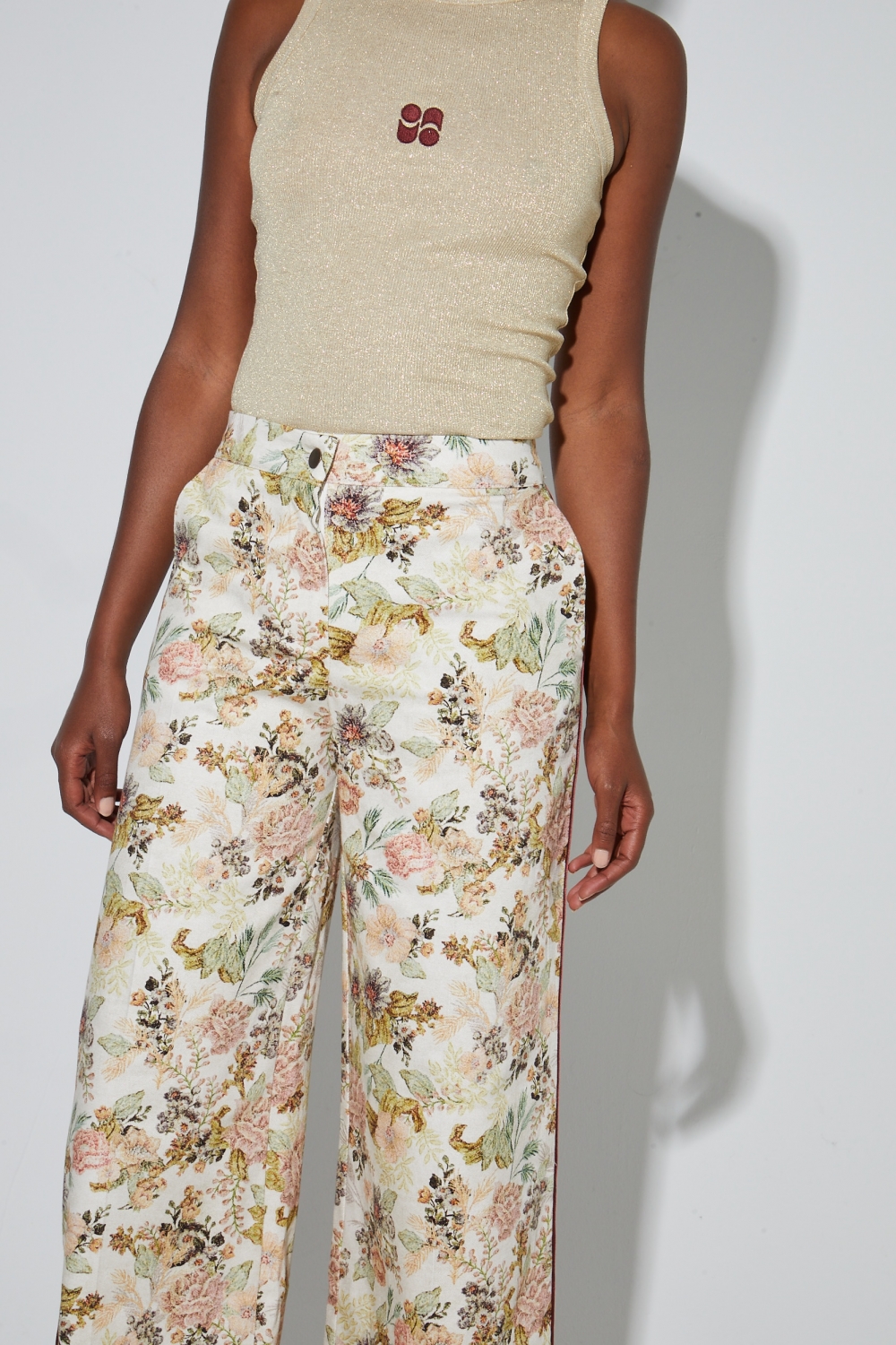 Pantalon Charlie, Toile esprit denim vintage flower fabriqué en Italie
