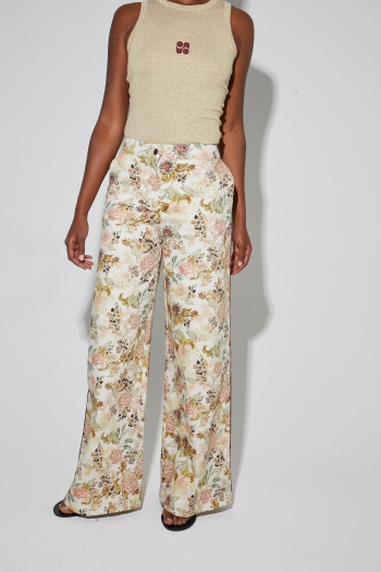 Pantalon Charlie, Toile esprit denim vintage flower fabriqué en Italie