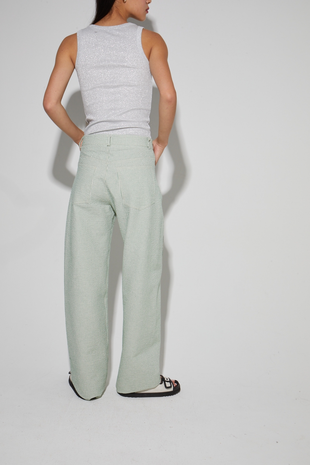 Pantalon Malou, rayures gaufrées vertes fabriqué en Italie