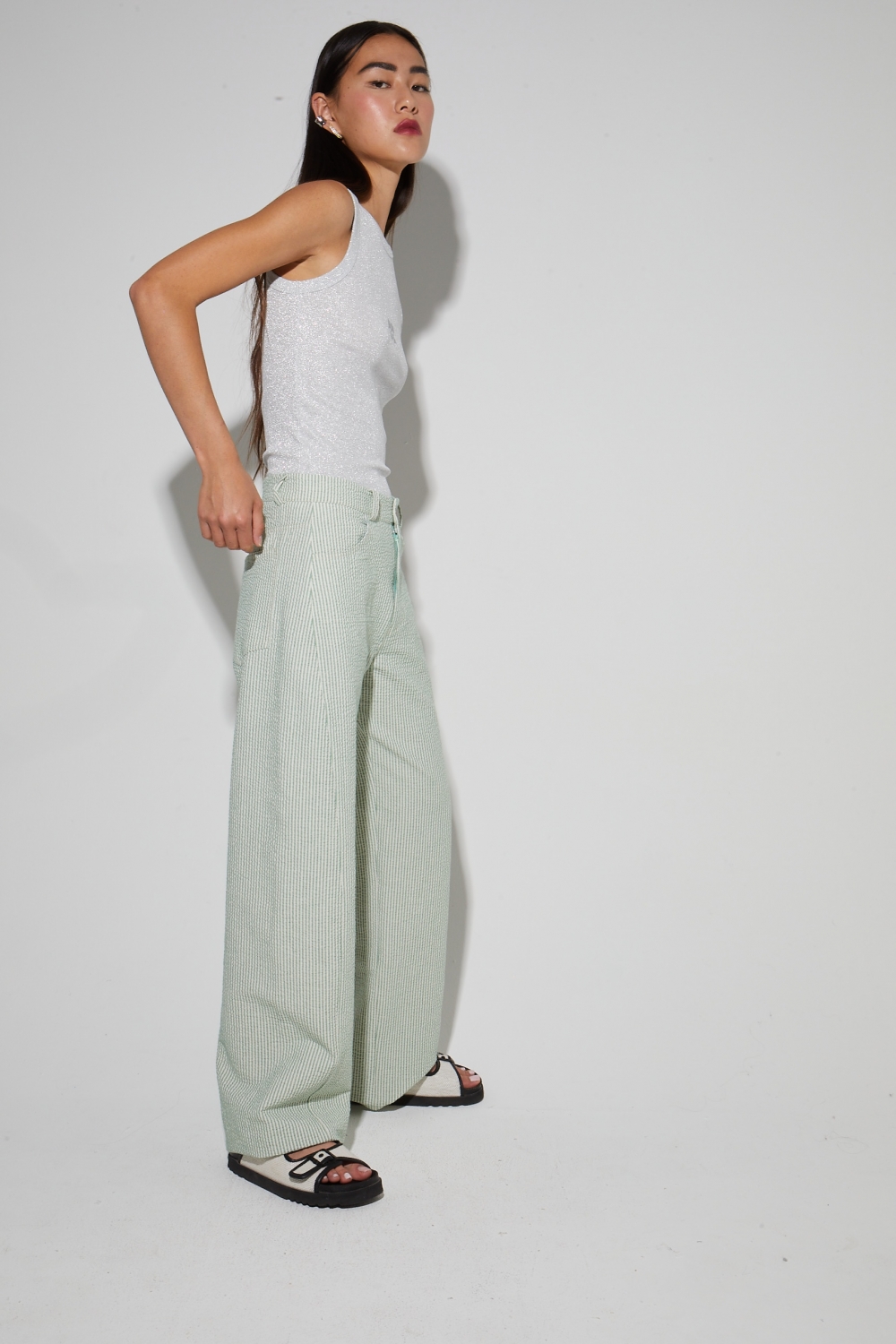 Pantalon Malou, rayures gaufrées vertes fabriqué en Italie