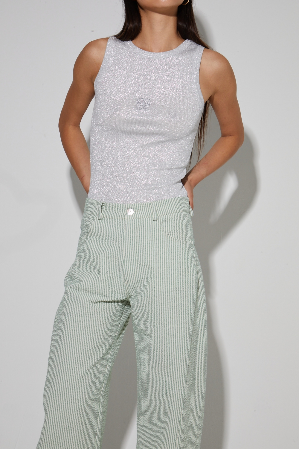 Pantalon Malou, rayures gaufrées vertes fabriqué en Italie