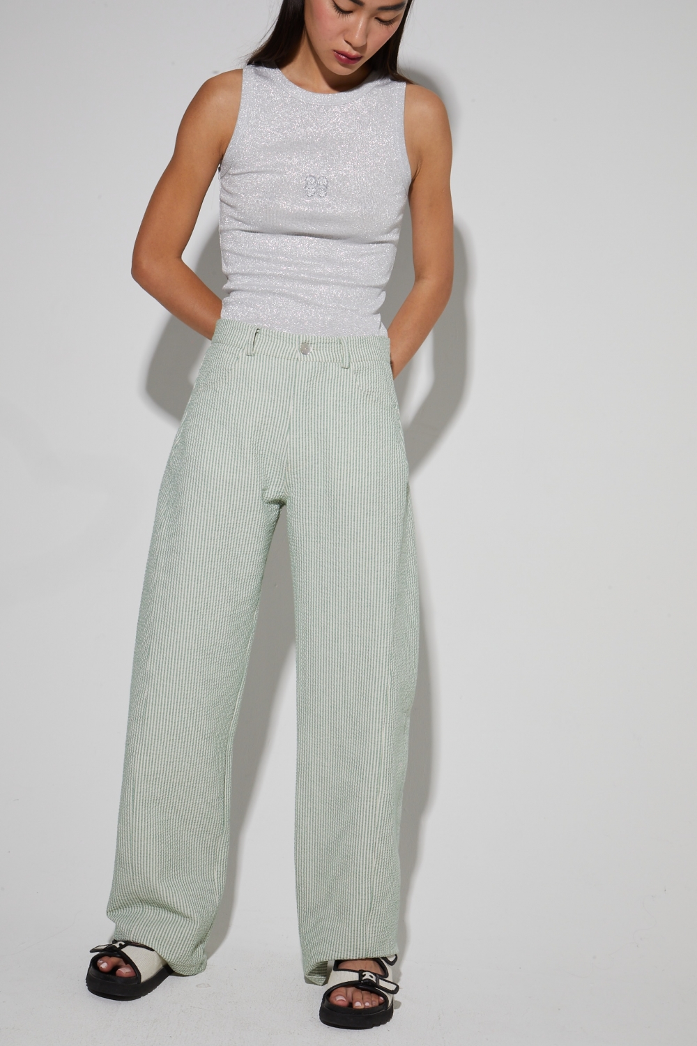 Pantalon Malou, rayures gaufrées vertes fabriqué en Italie