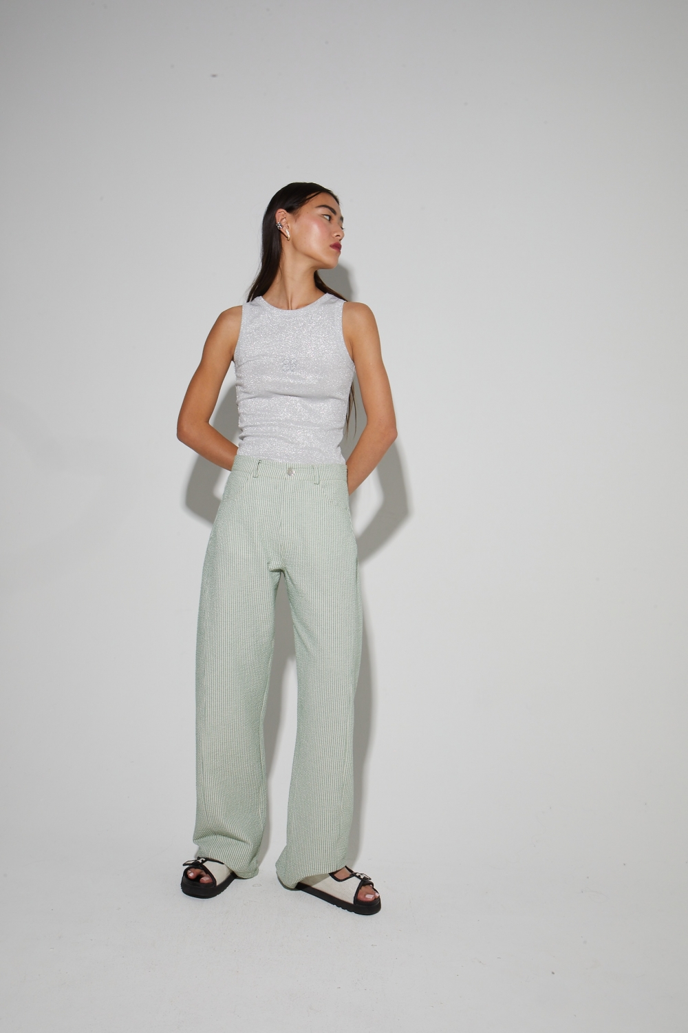 Pantalon Malou, rayures gaufrées vertes fabriqué en Italie