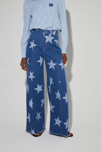 Swiggy-broek, in denimstijl met blauwe sterrenprint, gemaakt in Italië