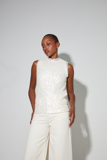 Top Foxy en sequins blanc, fabriqué en Italie
