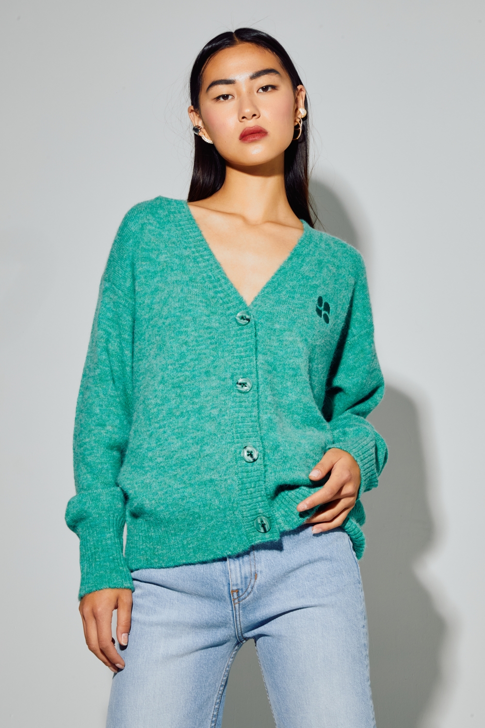 Cardigan Mira Alpaga Green fabriqué avec soin en Italie
