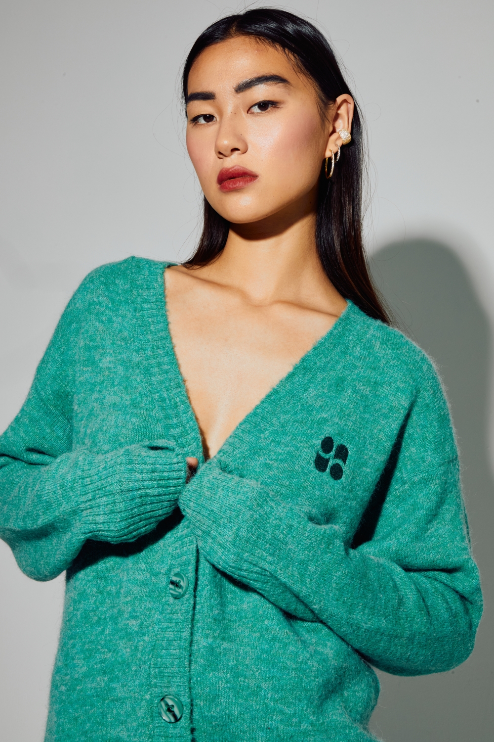 Cardigan Mira Alpaga Green fabriqué avec soin en Italie