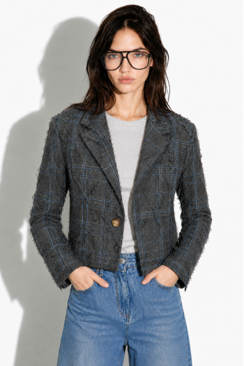 Oda-blazer met ruitmotief, grijs, tweedehands, gemaakt in Italië