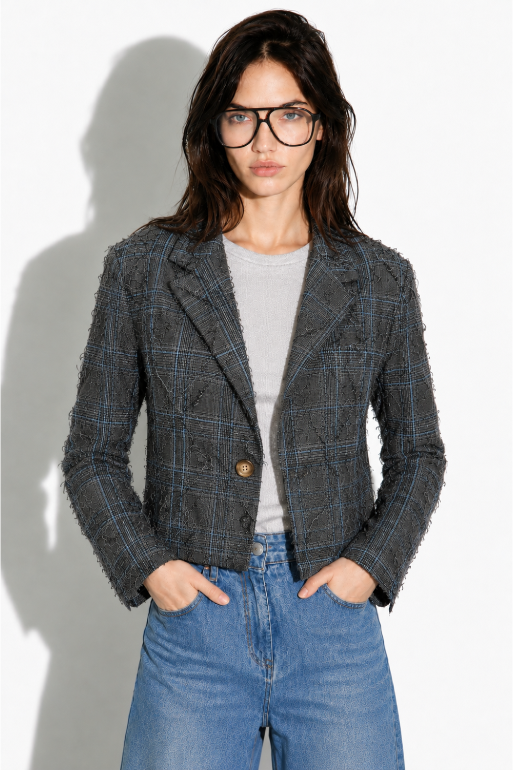 Oda-blazer met ruitmotief, grijs, tweedehands, gemaakt in Italië