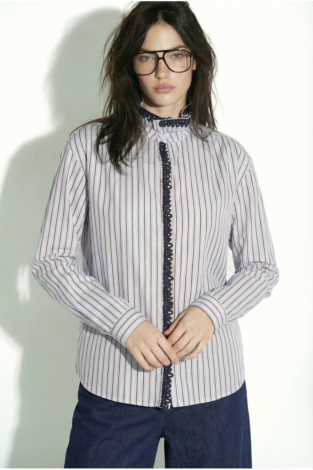Chemise Malia Rayures et broderie en velours light blue fabriqué en Italie