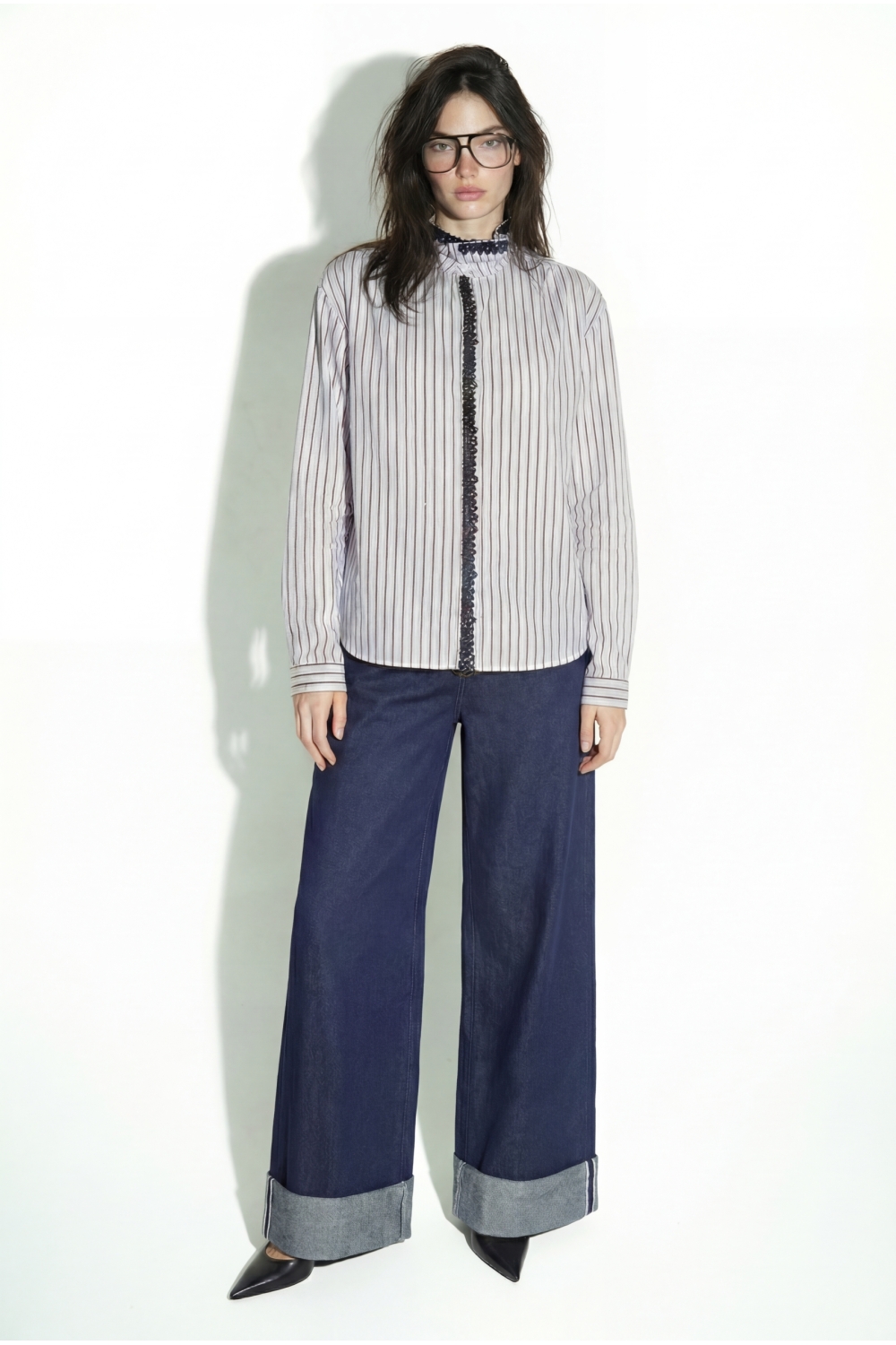 Chemise Malia Rayures et broderie en velours light blue fabriqué en Italie